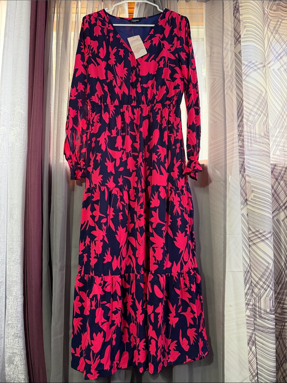 Dark Blue & Pink Floral Tiered Maxi Dress